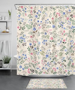 Elegant Blue Floral Botanical Pink Flower On Beige Shower Curtain For Bathroom Decoration