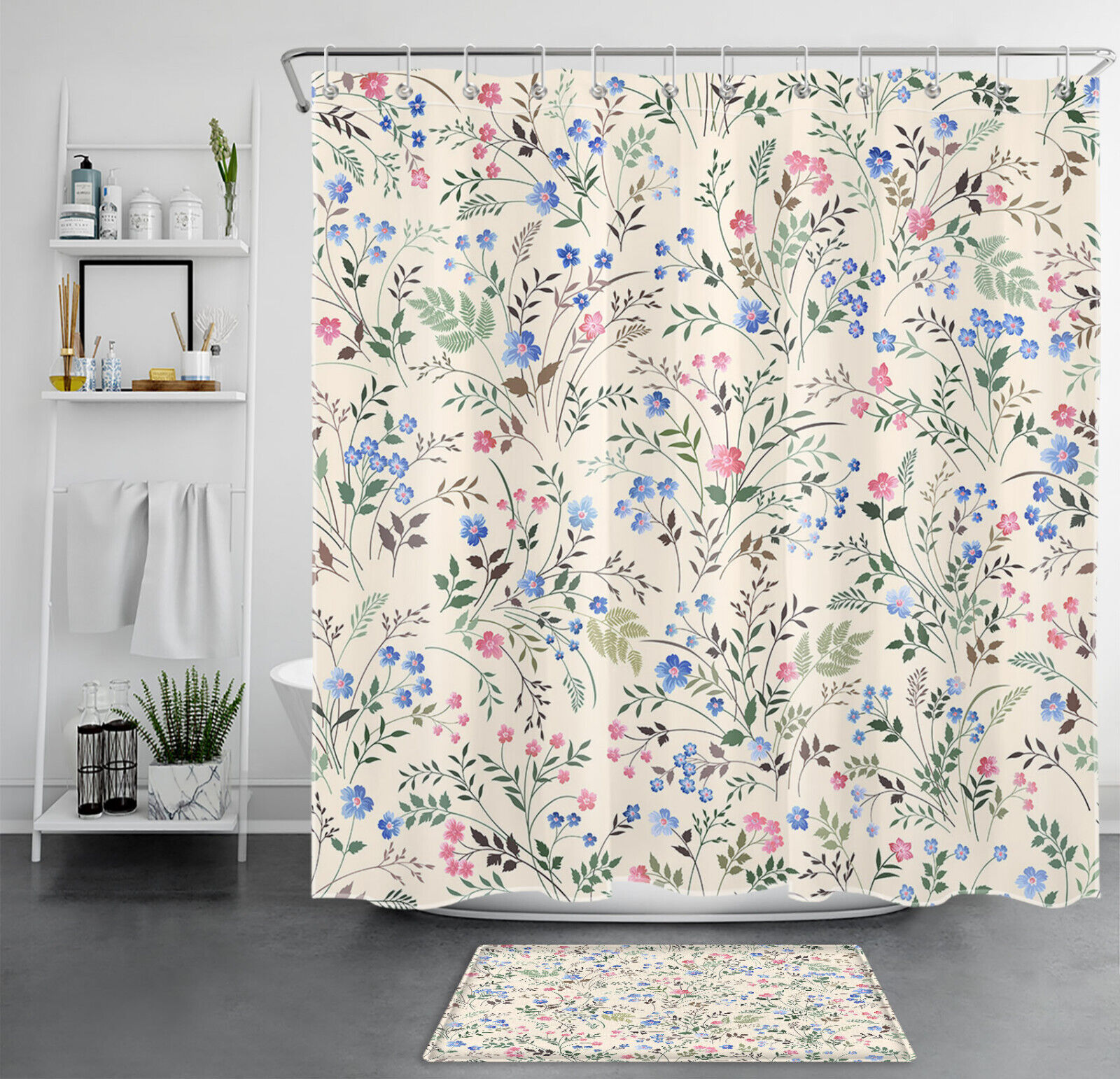 Elegant Blue Floral Botanical Pink Flower On Beige Shower Curtain For Bathroom Decoration