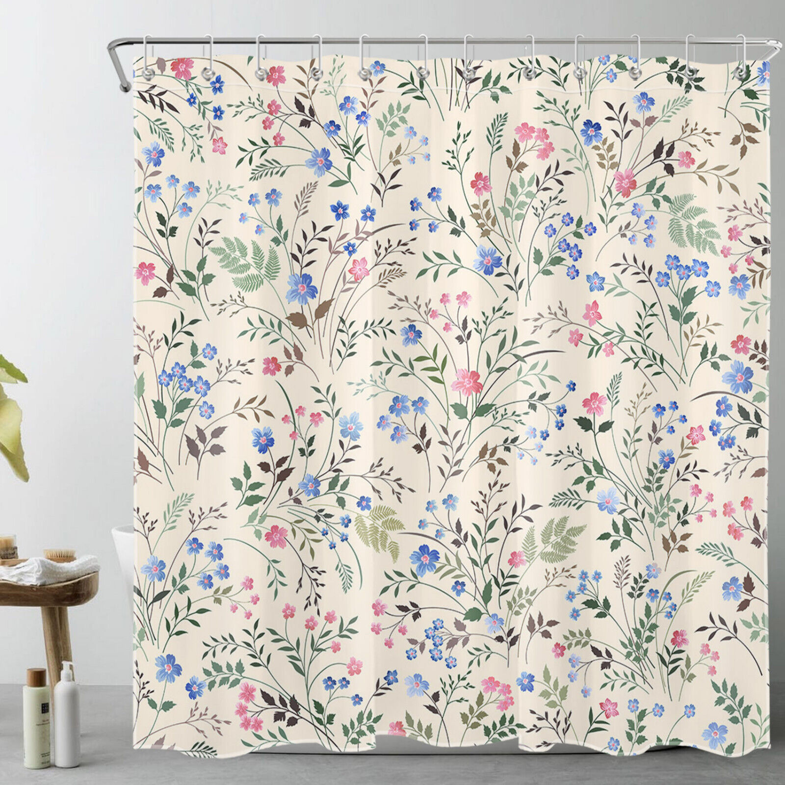 Elegant Blue Floral Botanical Pink Flower On Beige Shower Curtain For Bathroom Decoration - Image 2