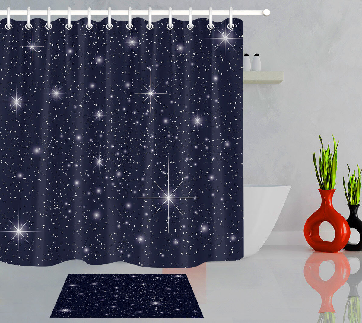 Elegant Blue Sky Glitter Stars Christmas Bathroom Shower Curtain