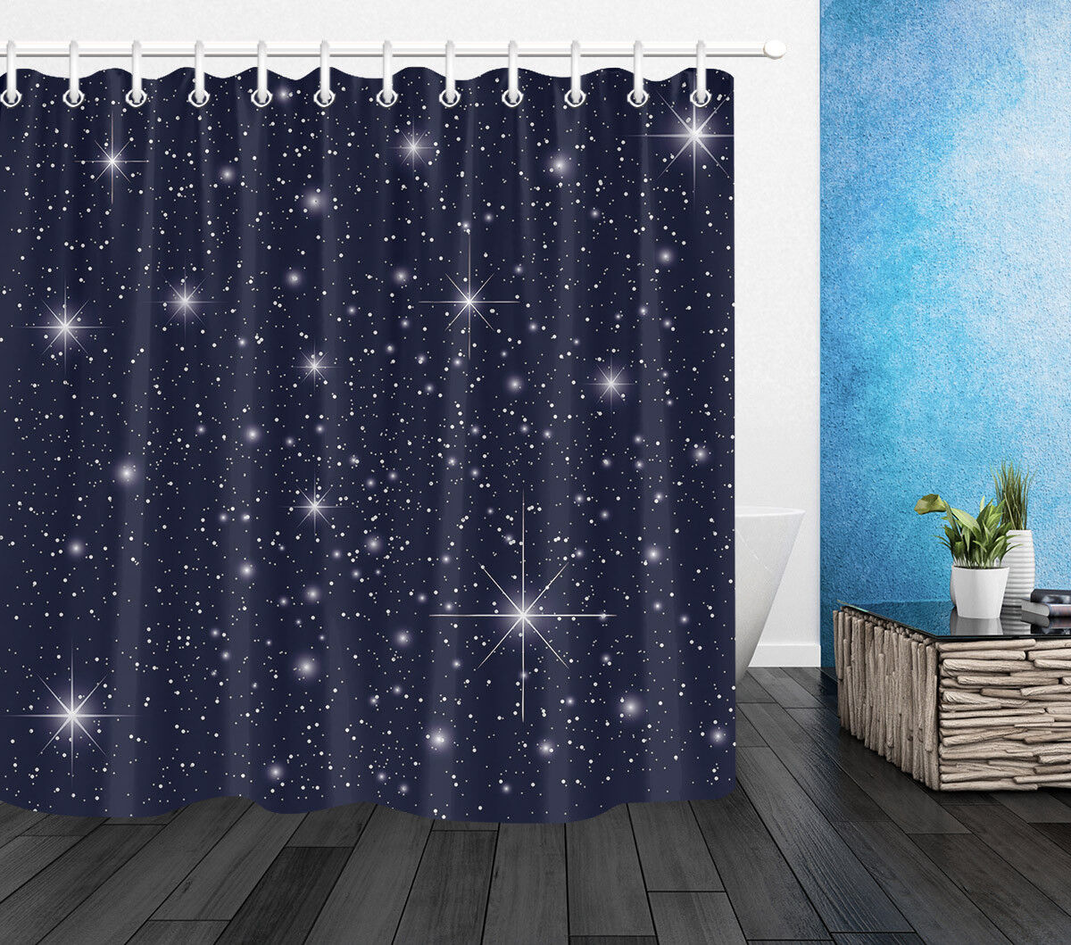 Elegant Blue Sky Glitter Stars Christmas Bathroom Shower Curtain - Image 2