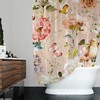 Elegant Botanical Shower Curtain With Beige Flowers, Yellow Bird, And Pink Butterflies For Boho Bathroom