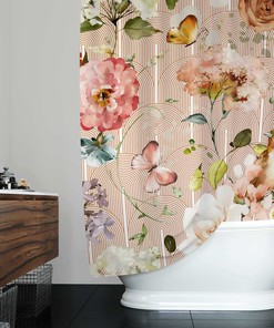 Elegant Botanical Shower Curtain With Beige Flowers, Yellow Bird, And Pink Butterflies For Boho Bathroom