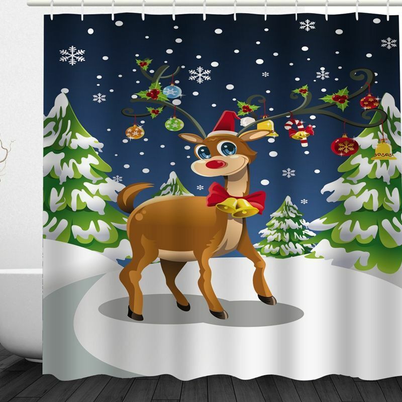 Elegant Cartoon Christmas Deer Tree And Elk Shower Curtain With Fabric Print