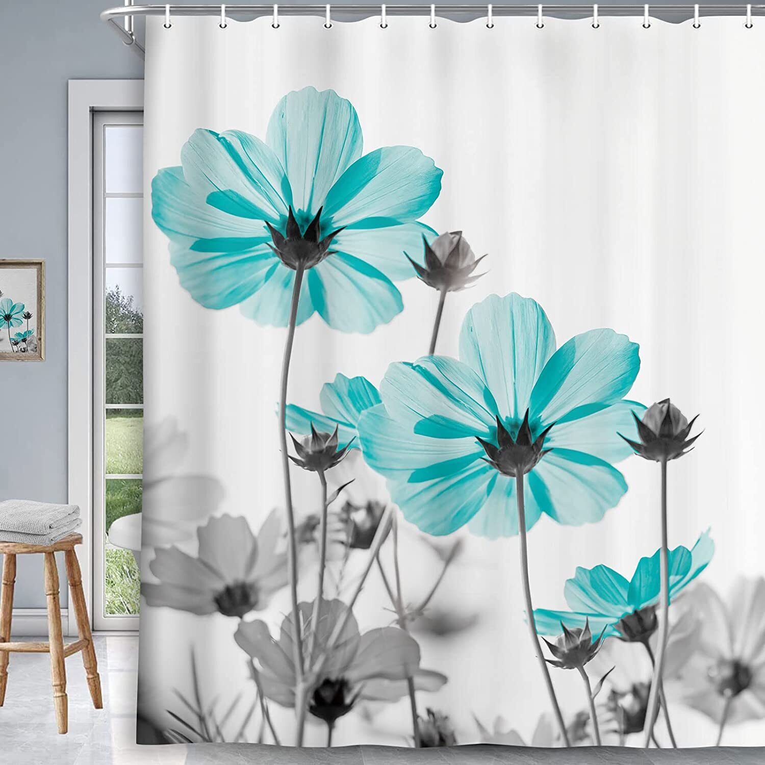Elegant Daisy Flower Wildflower Bath Curtain In Teal And Gray For A Sophisticated Bathroom