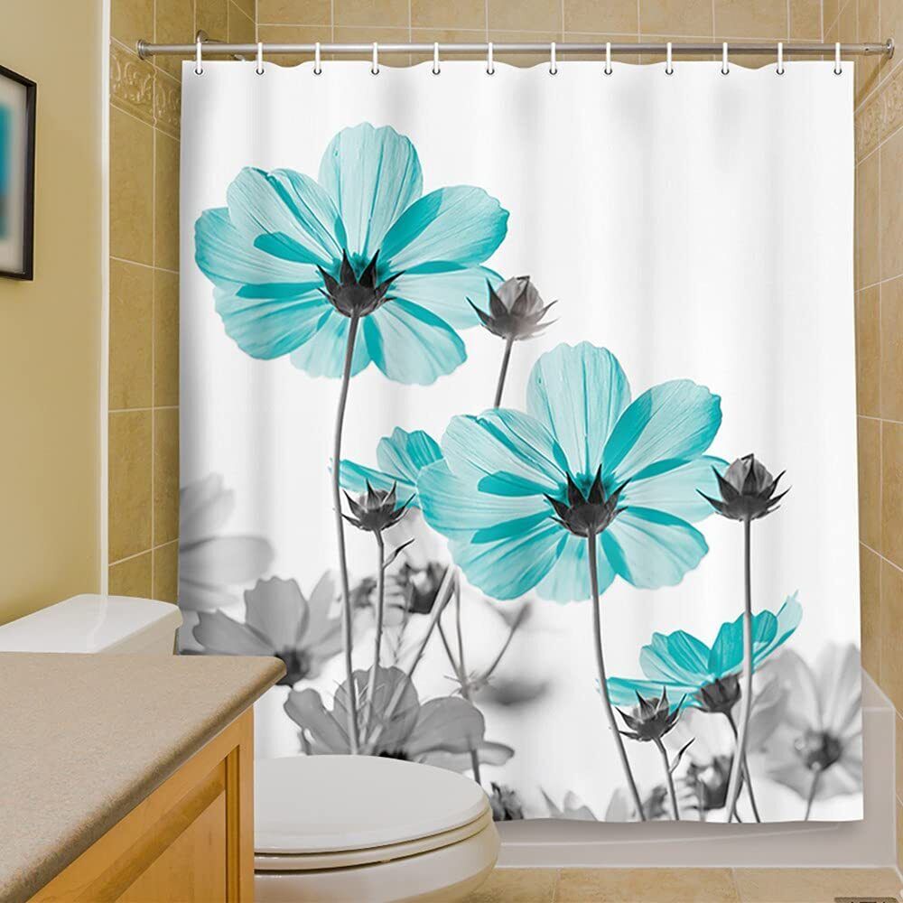 Elegant Daisy Flower Wildflower Bath Curtain In Teal And Gray For A Sophisticated Bathroom