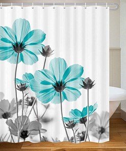 Elegant Daisy Flower Wildflower Bath Curtain In Teal And Gray For A Sophisticated Bathroom
