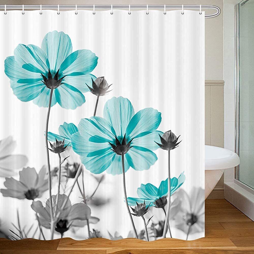 Elegant Daisy Flower Wildflower Bath Curtain In Teal And Gray For A Sophisticated Bathroom