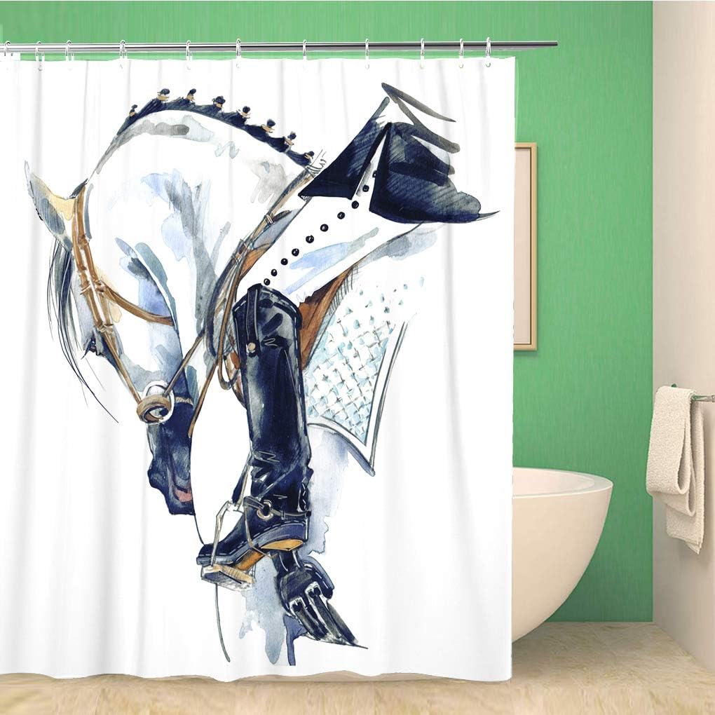 Elegant Equestrian Sport Shower Curtain With Watercolor Horse Rider For Horse Lovers