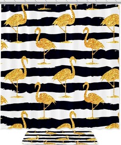 Elegant Flamingo Gold Stripe Shower Curtain For A Luxurious Bathroom