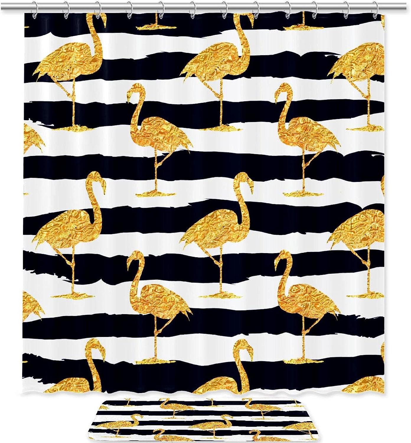 Elegant Flamingo Gold Stripe Shower Curtain For A Luxurious Bathroom