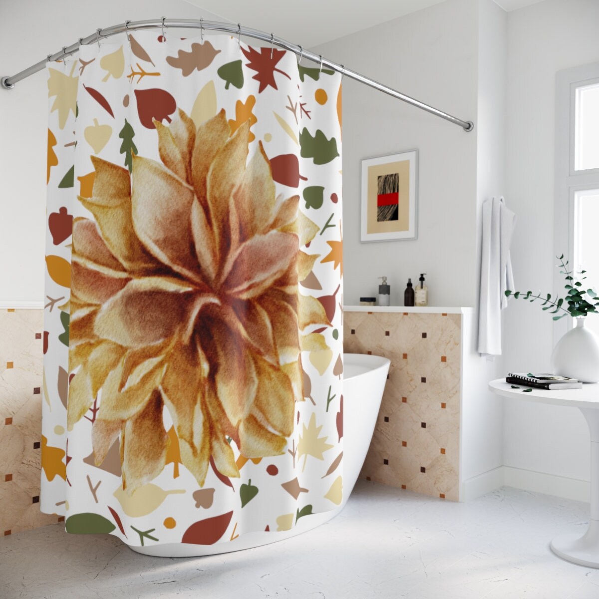 Elegant Floral Bathroom Decor - Beige Green Flowers Shower Curtain, Water Resistant, Thanksgiving & Christmas Gift