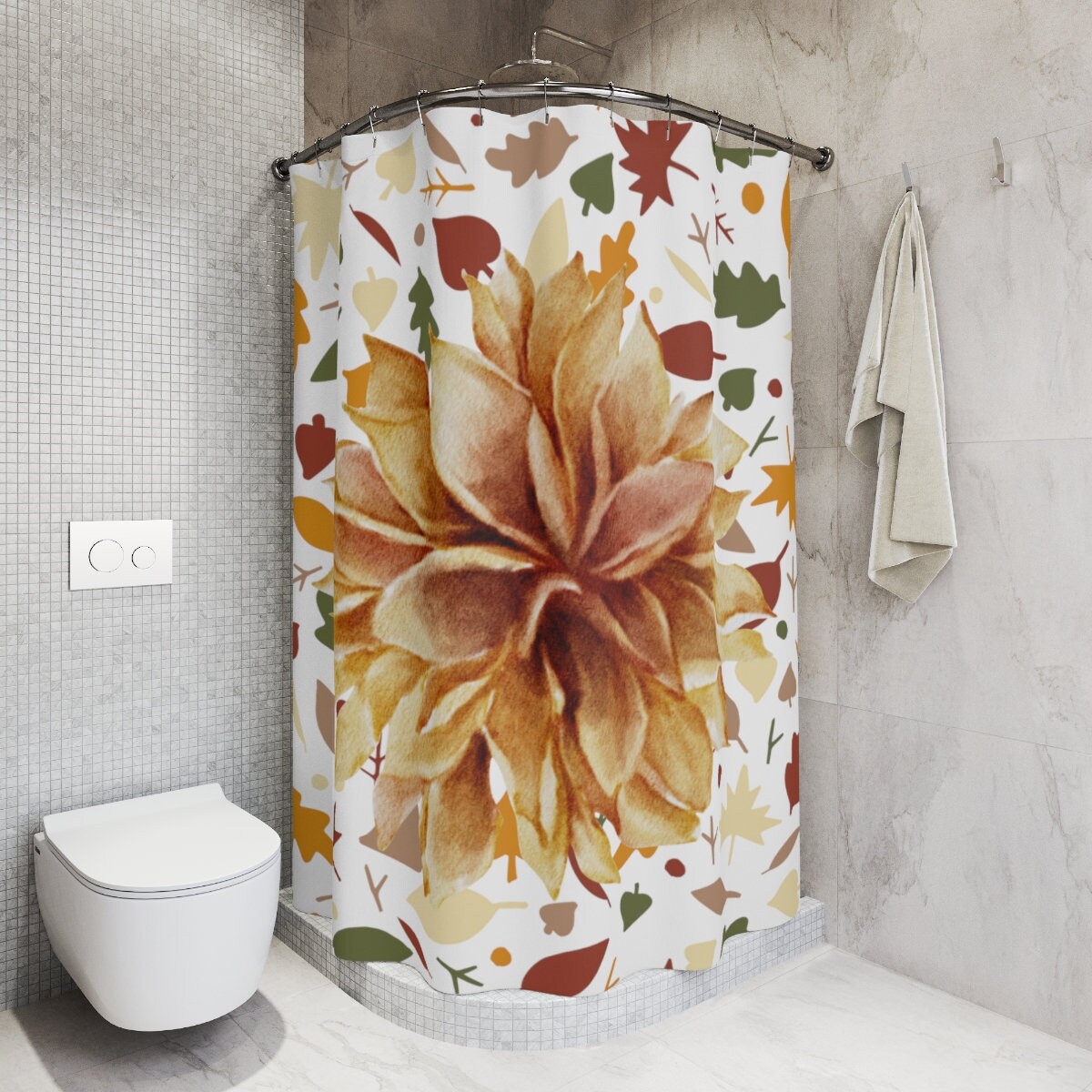 Elegant Floral Bathroom Decor - Beige Green Flowers Shower Curtain, Water Resistant, Thanksgiving & Christmas Gift