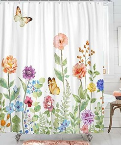 Elegant Floral Garden Butterfly Shower Curtain, Lovely Bathroom Decor with Colorful Flowers