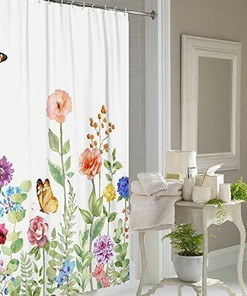 Elegant Floral Garden Butterfly Shower Curtain, Lovely Bathroom Decor with Colorful Flowers
