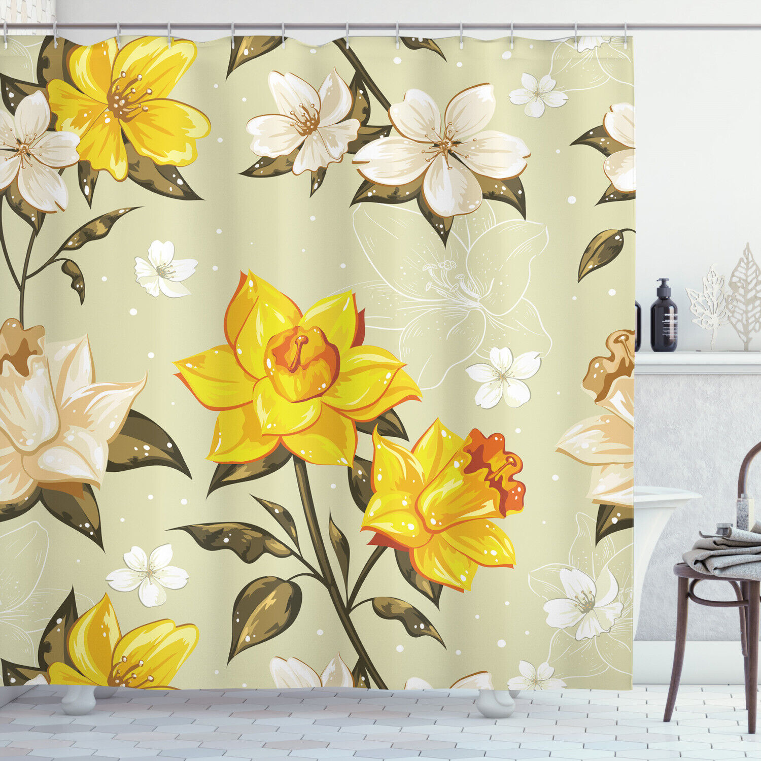 Elegant Floral Pattern Shower Curtain With Retro Art Print Design