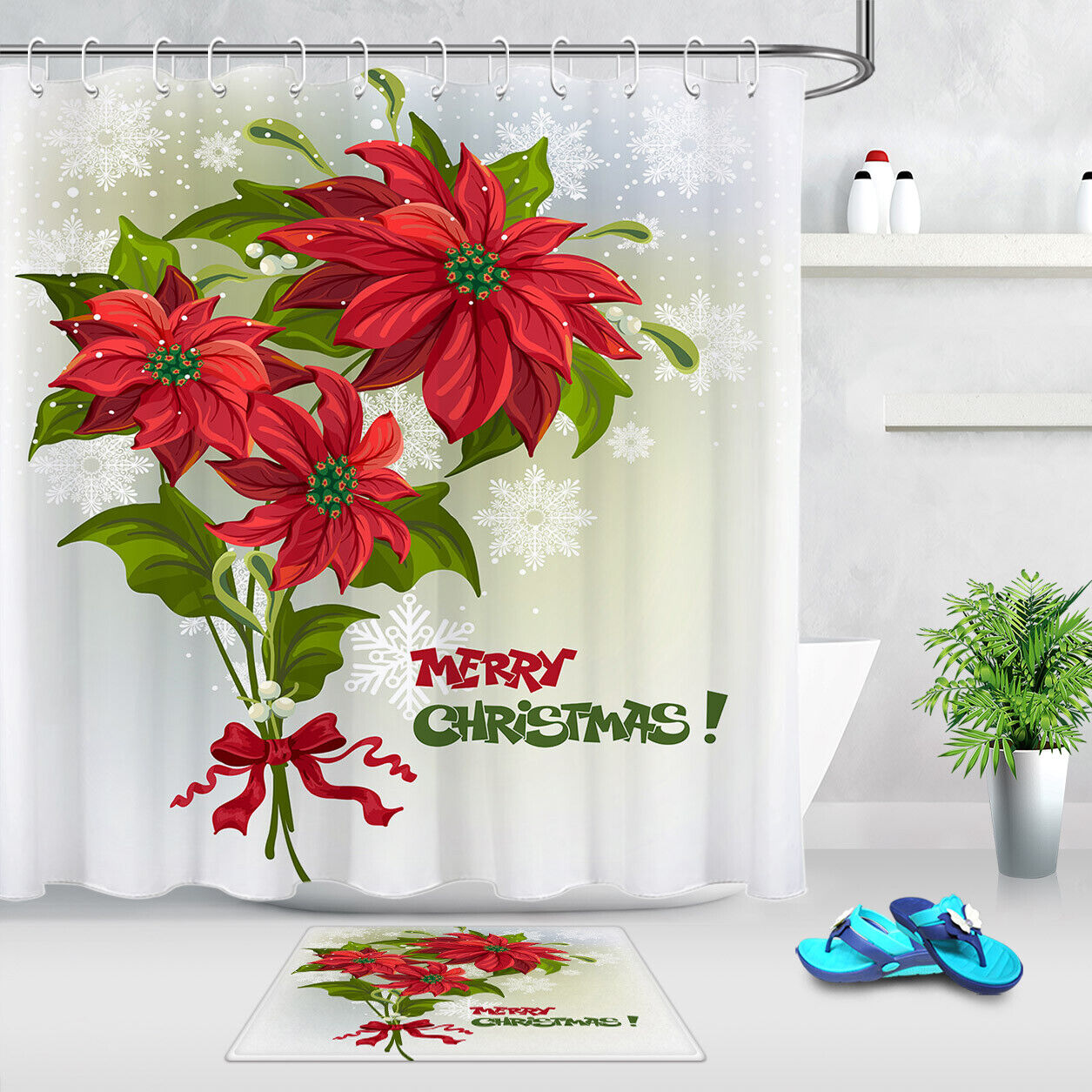 Elegant Floral Poinsettia Snowflakes Merry Christmas Shower Curtain for Bathroom Decor