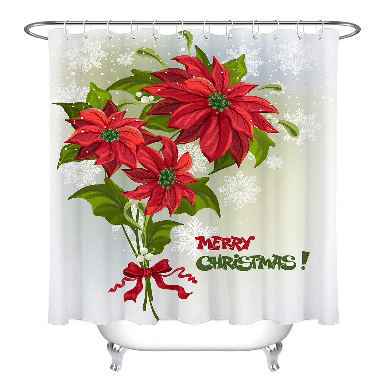 Elegant Floral Poinsettia Snowflakes Merry Christmas Shower Curtain for Bathroom Decor