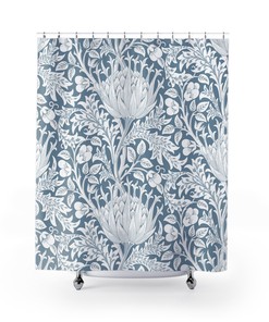 Elegant Floral Shower Curtain, William Morris Antique Flower Artichoke Pattern, Blue & White Vintage Bathroom