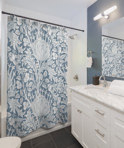 Elegant Floral Shower Curtain, William Morris Antique Flower Artichoke Pattern, Blue & White Vintage Bathroom