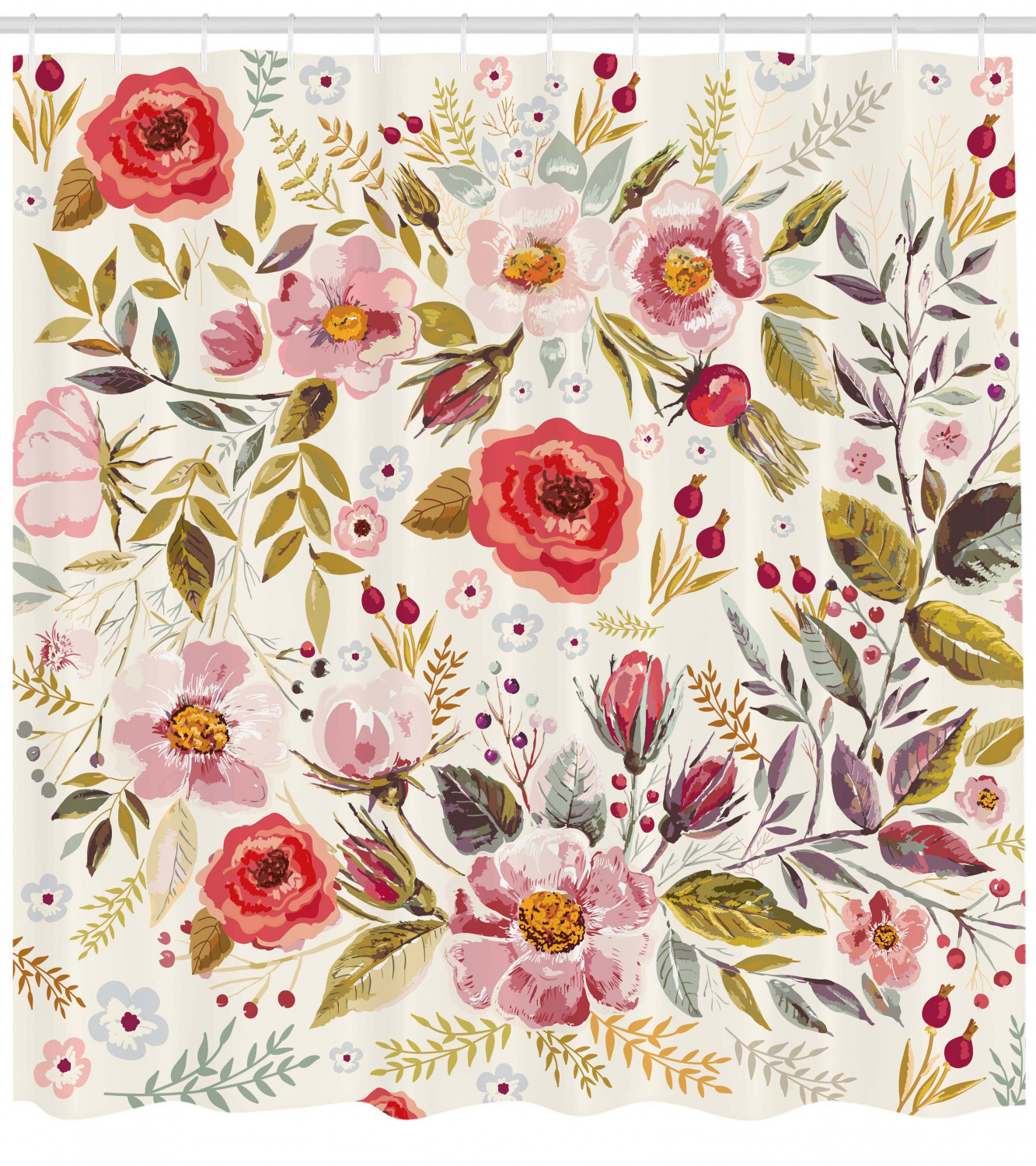 Elegant Floral Shower Curtain With Beautiful Roses And Blooms Print