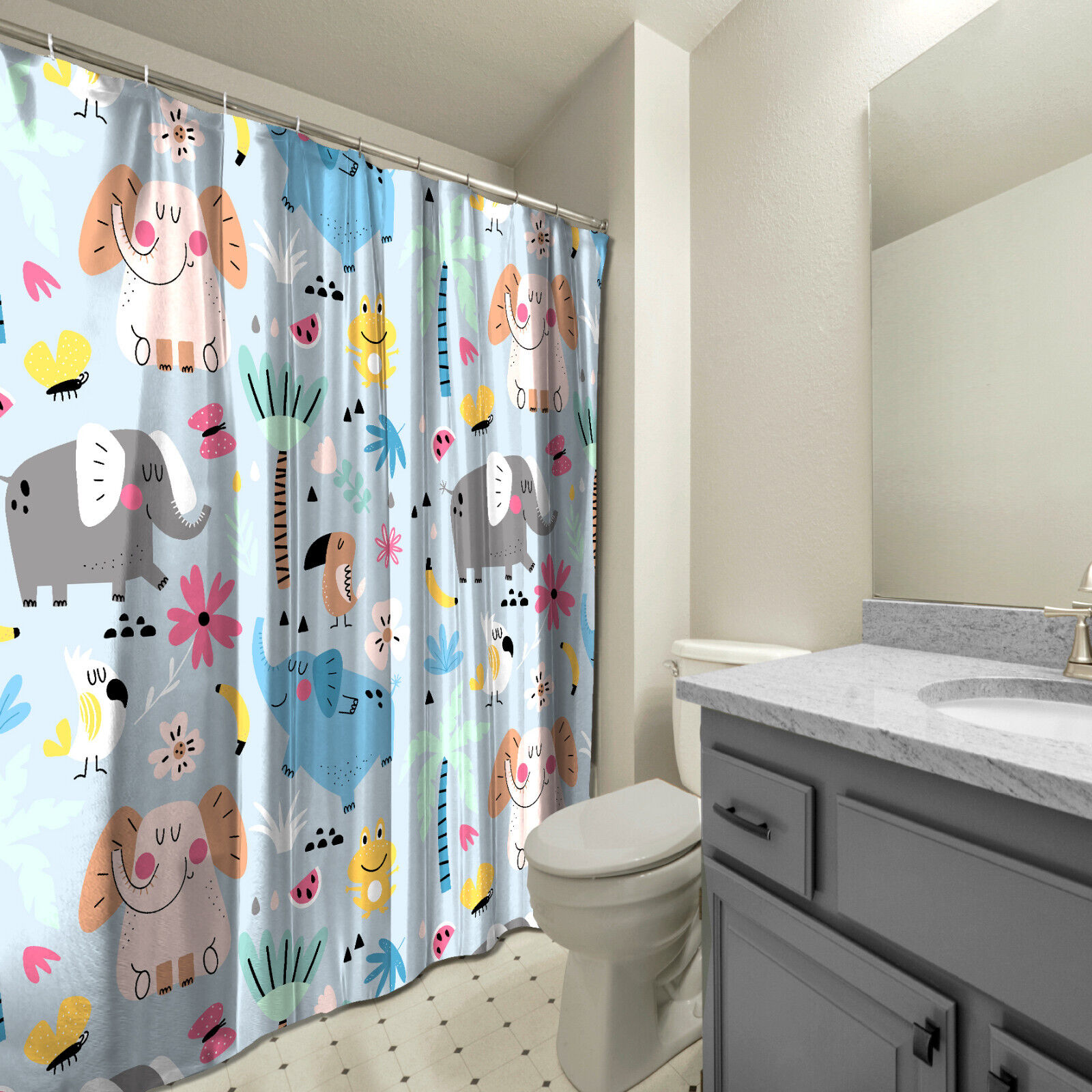 Elegant Flowers, Palm Trees, And Elephants Shower Curtain With Waterproof Fabric - Image 3