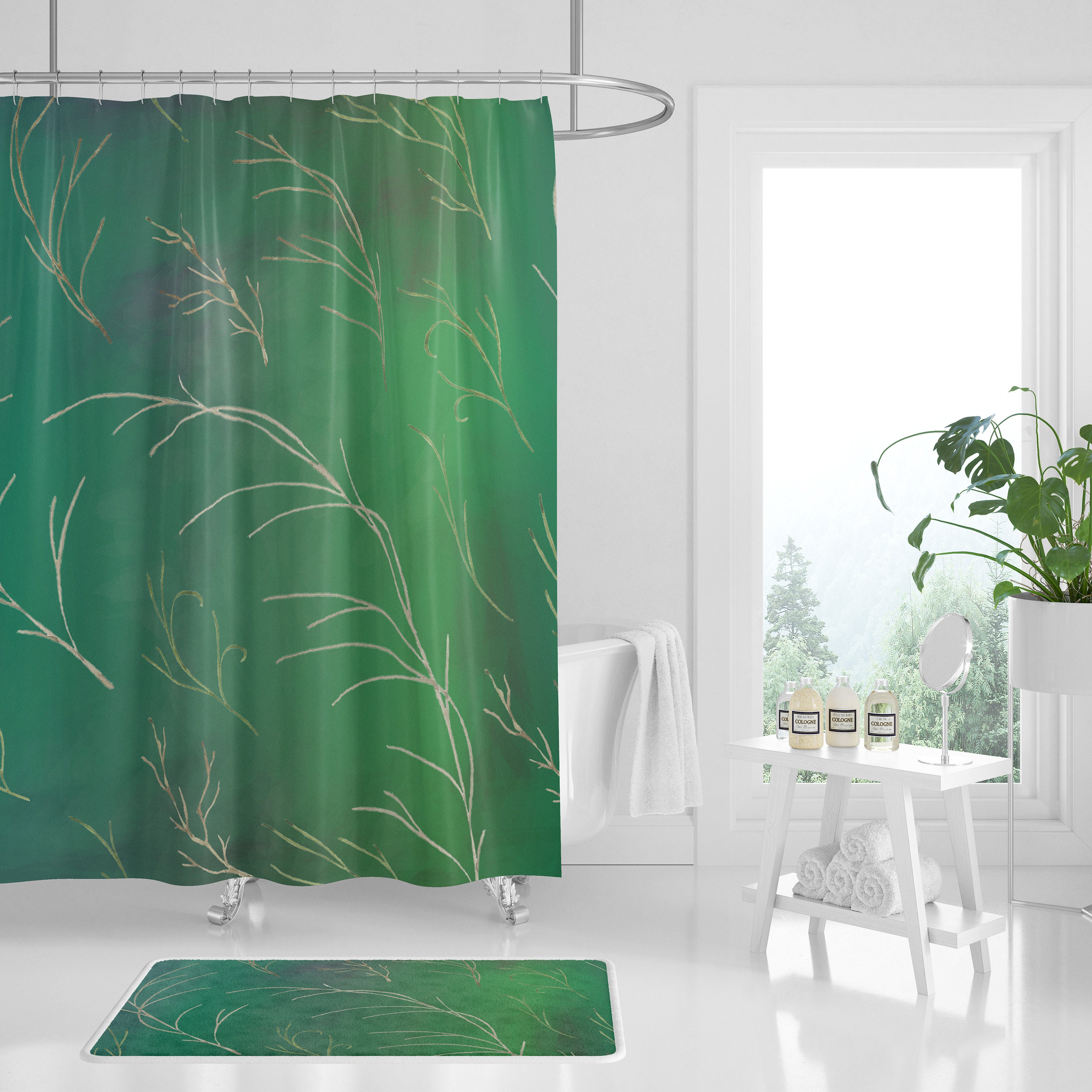 Elegant Forest Bathroom Decor With Boho Shower Curtain And Tree Branches Print