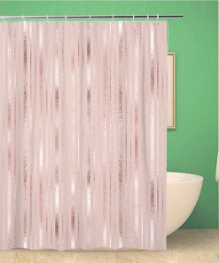 Elegant Geometric Rose Gold Shower Curtain with Golden Vertical Stripes - Waterproof Fabric Bathroom Decor