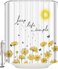 Elegant Gold Sunflower Print Cartoon Butterfly Shower Curtain, Cloth Fabric Bath Curtains for Bathroom Decoration 