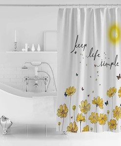 Elegant Gold Sunflower Print Cartoon Butterfly Shower Curtain, Cloth Fabric Bath Curtains for Bathroom Decoration