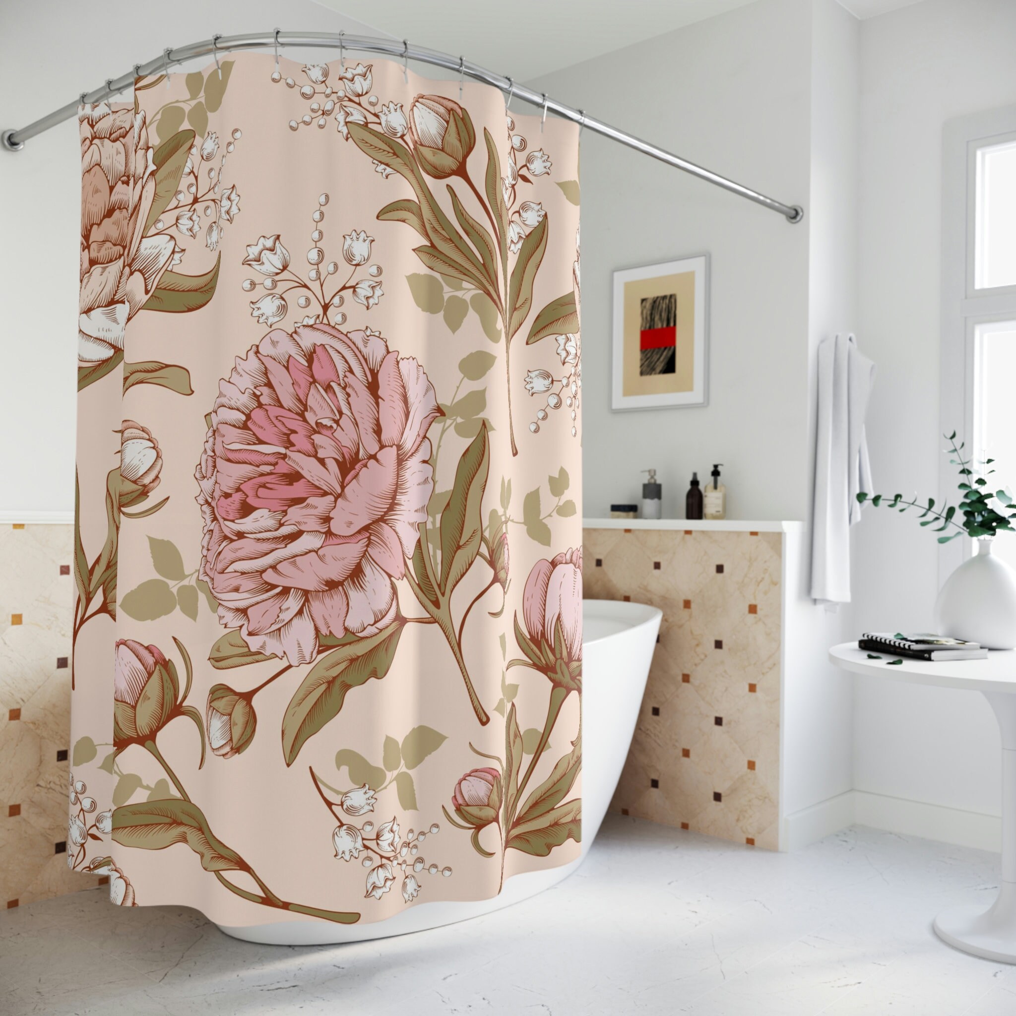 Elegant Gold and Pink Peony Shower Curtain for a Luxe Bathroom