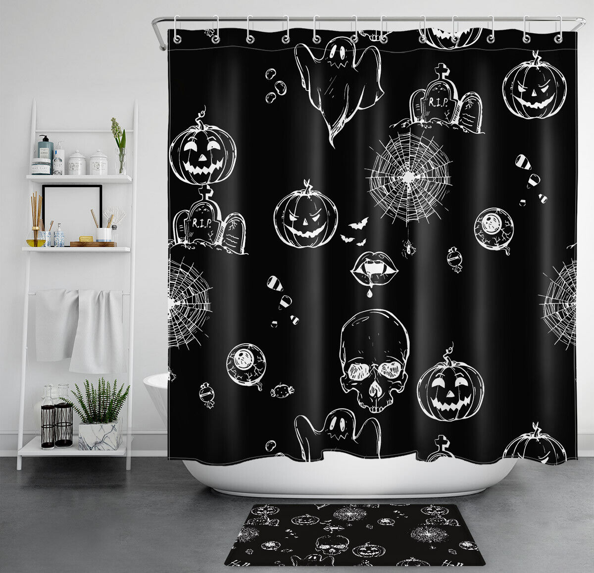 Elegant Gothic Halloween Pumpkin Spooky Skulls Shower Curtain