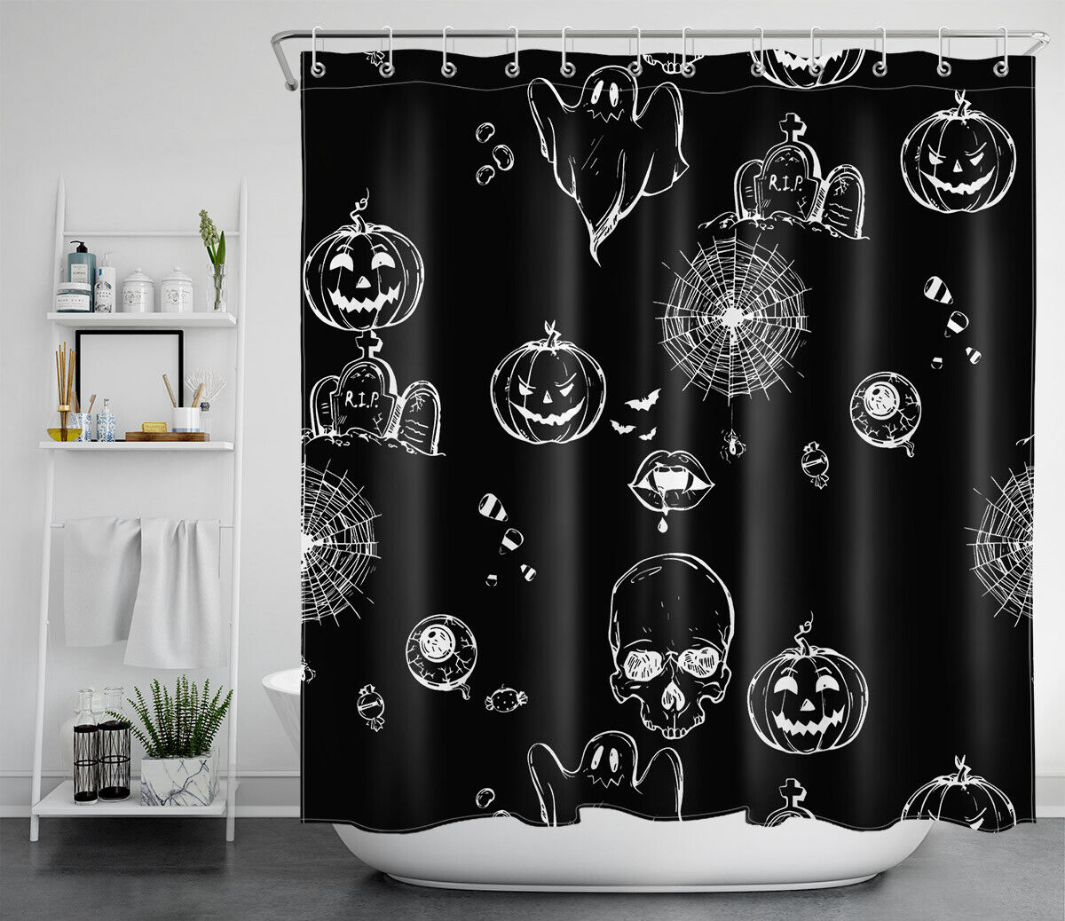 Elegant Gothic Halloween Pumpkin Spooky Skulls Shower Curtain
