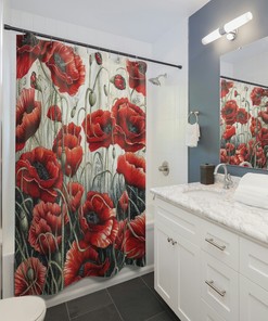 Elegant Gothic Poppies Shower Curtain - Botanical Field Of Flowers, Touch Of Maximalism, Unique Home Decor