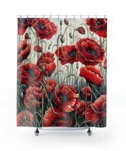Elegant Gothic Poppies Shower Curtain - Botanical Field Of Flowers, Touch Of Maximalism, Unique Home Decor