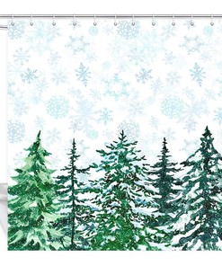 Elegant Green Snow Forest Fabric Shower Curtain Waterproof Snowflakes Bathroom Decor