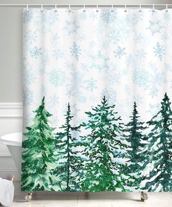 Elegant Green Snow Forest Fabric Shower Curtain Waterproof Snowflakes Bathroom Decor