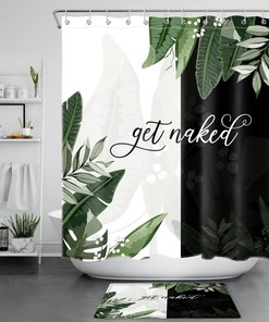 Elegant Green Tropical Plants Shower Curtain On Black And White Background For Modern Bathroom Decor