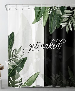 Elegant Green Tropical Plants Shower Curtain On Black And White Background For Modern Bathroom Decor