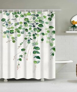 Elegant Greenery Eucalyptus Leaf Shower Curtain Set With Waterproof Fabric For Spa-Like Bathroom Decor