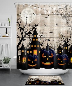 Elegant Halloween Night With Moon, Castle And Pumpkins Print Shower Curtain