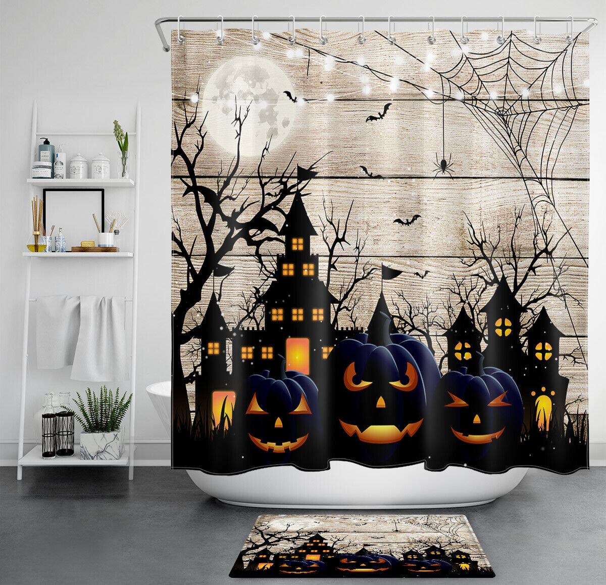 Elegant Halloween Night With Moon, Castle And Pumpkins Print Shower Curtain