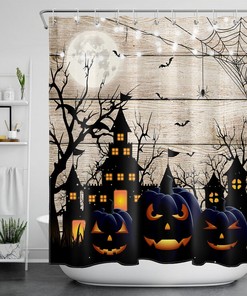 Elegant Halloween Night With Moon, Castle And Pumpkins Print Shower Curtain