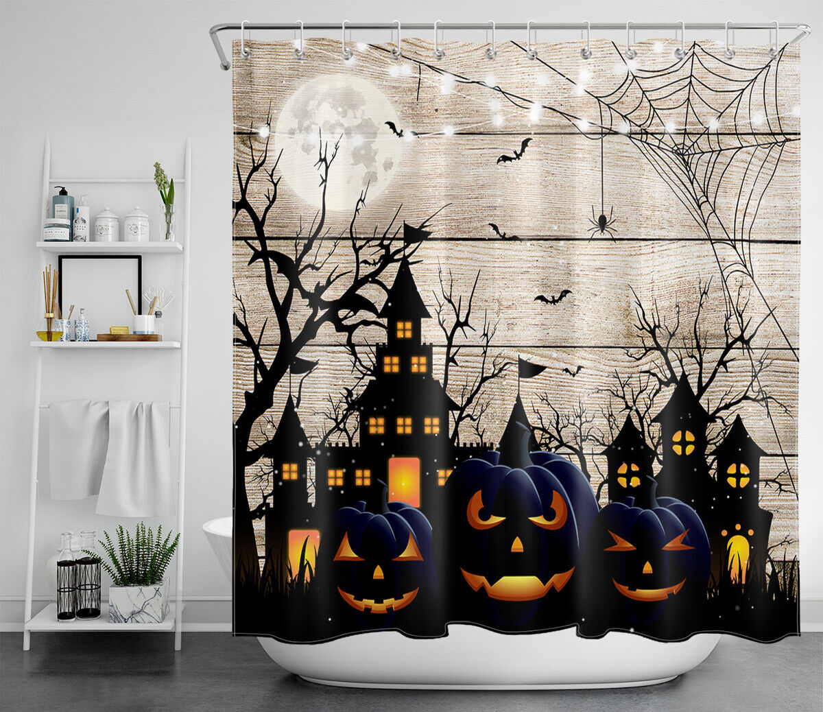 Elegant Halloween Night With Moon, Castle And Pumpkins Print Shower Curtain