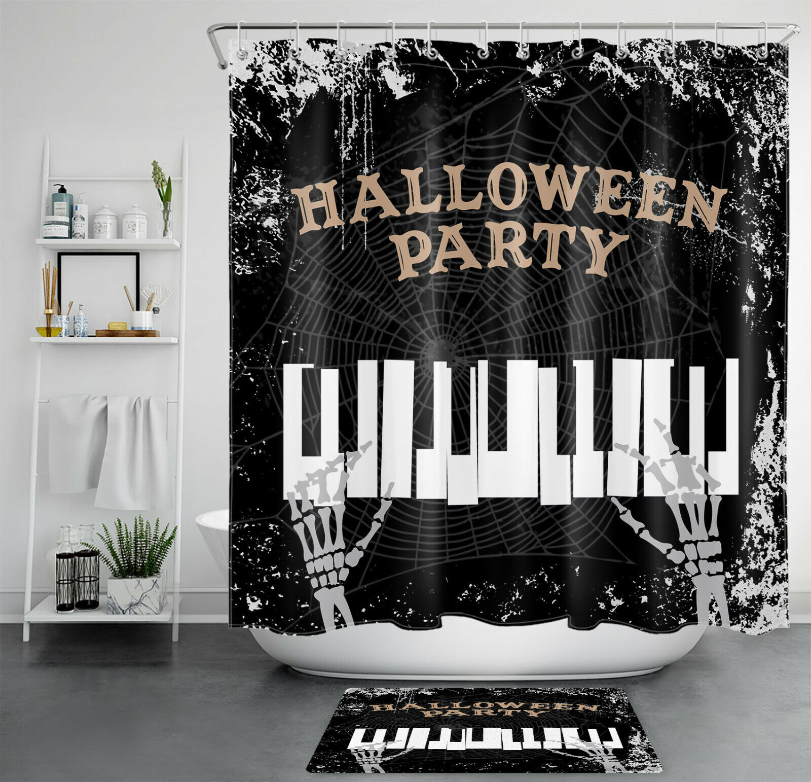 Elegant Halloween Party Shower Curtain With Skull And Piano Keys