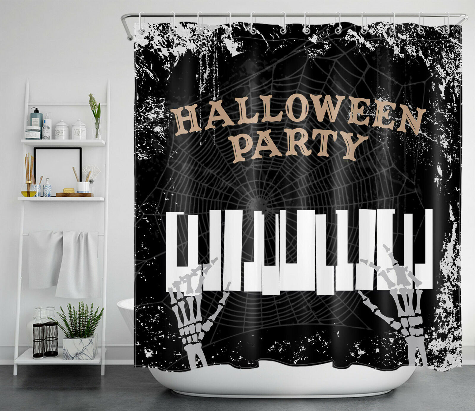 Elegant Halloween Party Shower Curtain With Skull And Piano Keys