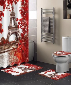 Elegant Hand Drawn Painting Eiffel Tower With Maple Red Leaves Bathroom Shower Curtain For Home & Bathroom Decoration