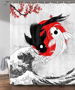 Elegant Japanese Yin Yang Koi Fish Shower Curtain With Pink Cherry Blossoms For Your Asian Bathroom