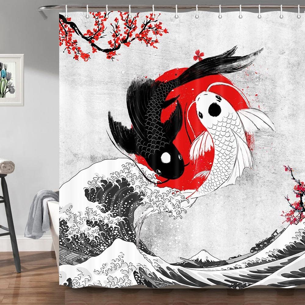 Elegant Japanese Yin Yang Koi Fish Shower Curtain With Pink Cherry Blossoms For Your Asian Bathroom