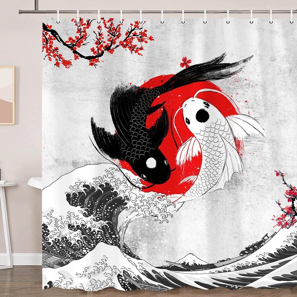 Elegant Japanese Yin Yang Koi Fish Shower Curtain With Pink Cherry Blossoms For Your Asian Bathroom - Image 2